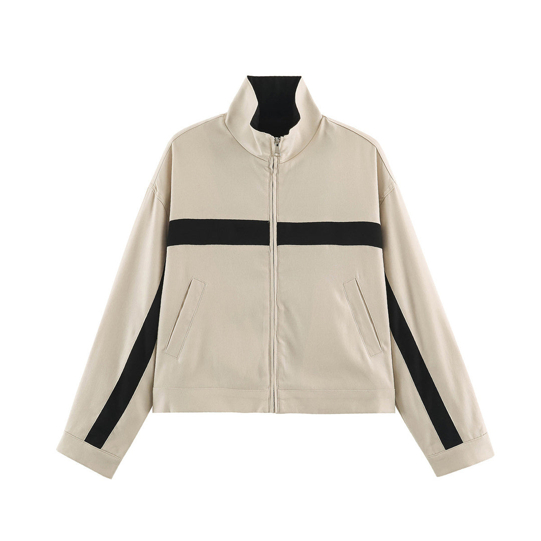 Ladies Cropped Track Jacket with Stand-up Collar, Zipper and Side Contrast Stripes Amarae
