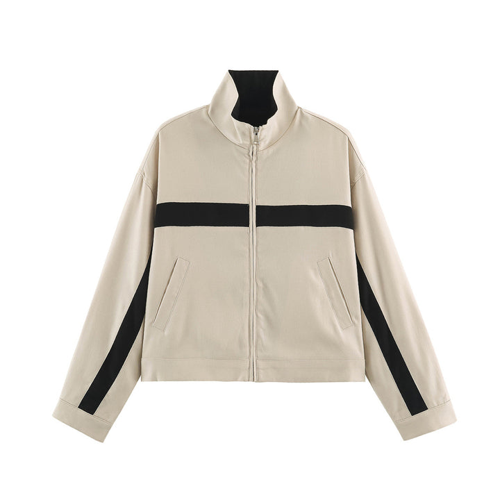 Ladies Cropped Track Jacket with Stand-up Collar, Zipper and Side Contrast Stripes Amarae