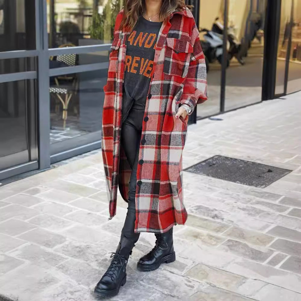 Ladies Long Checkered Coat with Practical Pockets and Button Closure Lune London