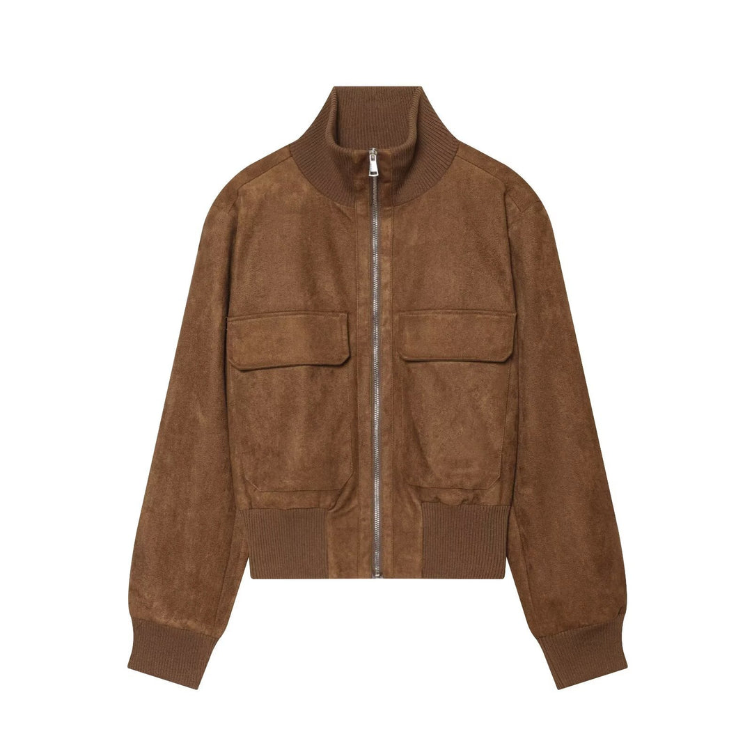 Women's suede look bomber jacket with ribbed collar and patch pockets Amarae