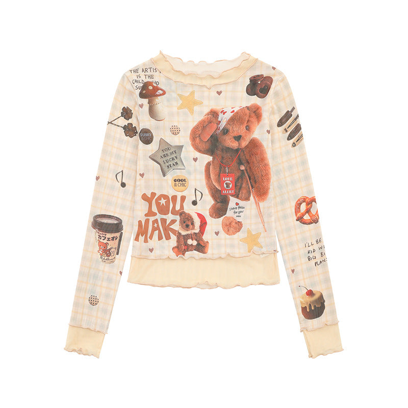 Women's Long Sleeve Mesh Top with Teddy Print and Layered Look Amarae