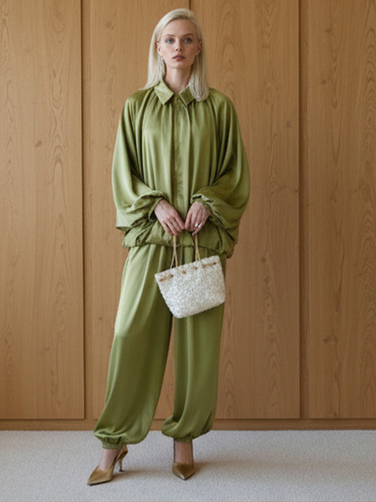 Women Elegant Satin Two-Piece Set with Oversize Blouse and Wide Palazzo Pants Amarae