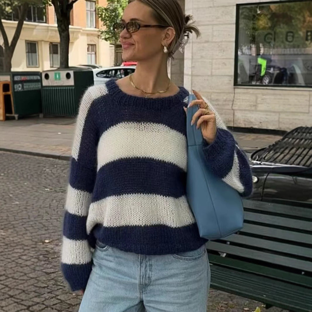 Women Striped Oversize Knit Sweater with Round Neck Amarae