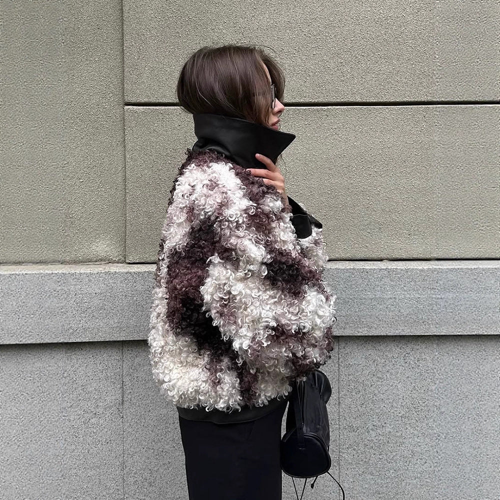 Women's short jacket made of curly bouclé faux fur with leather look detailing Amarae