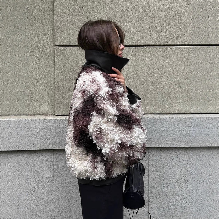 Women's short jacket made of curly bouclé faux fur with leather look detailing Amarae
