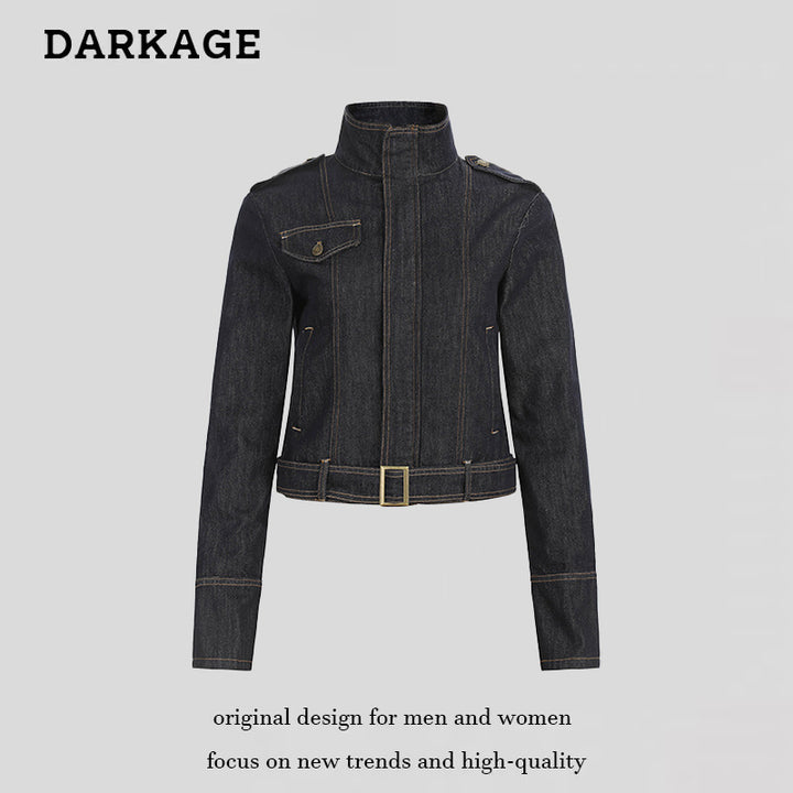 Women's tailored denim jacket with high stand-up collar, waist belt and shoulder patches Amarae