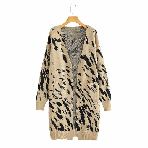 Ladies chunky knit cardigan with trendy leopard print and practical pockets Amarae