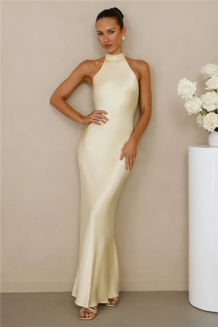 Ladies Elegant Maxi Dress with High Neck Design and Shimmering Satin Finish Lune London