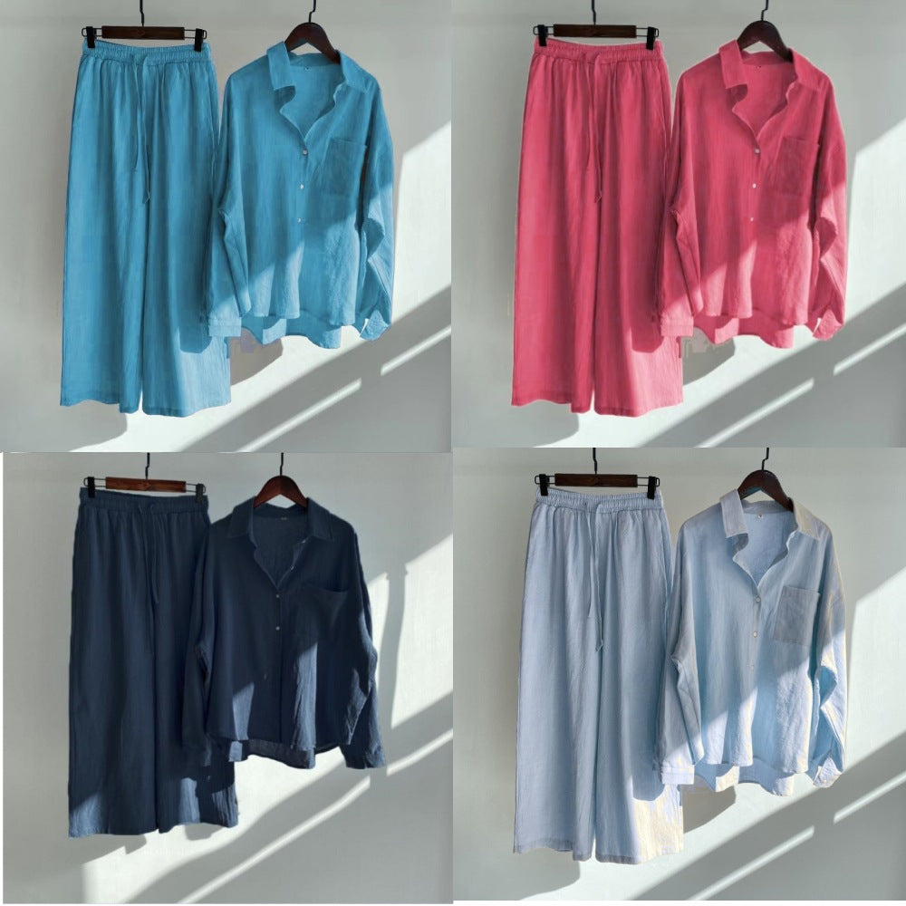Women's Loose-Fitting Two-Piece Viscose Loungewear Set with Shirt Blouse and Wide Palazzo Pants Amarae