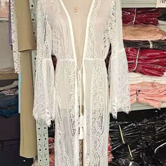 Women’s Long Lace Kimono with Wide Sleeves and Ties Lune London