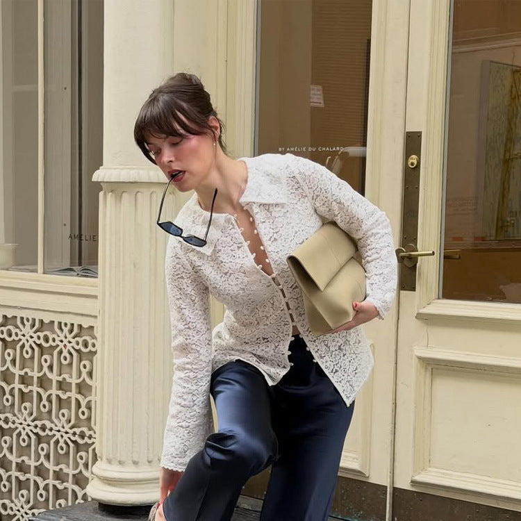Women's lace blouse with floral lace, shirt collar and fabric ball button placket Amarae