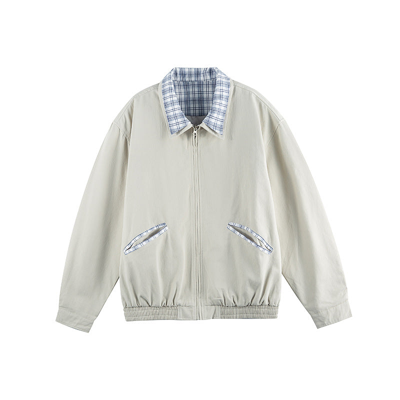 Unisex Lightweight Zip-Over Jacket in Boxy Cut with Check Collar and Elastic Hem Amarae