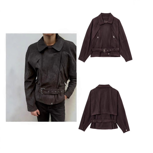 Ladies Elegant Suede Jacket with Trendy Buckles and Chic Practical Pockets