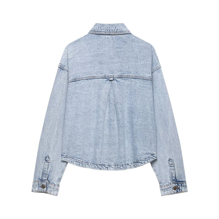Women's Boxy Cropped Denim Work Jacket with Large Applied Front Pockets Amarae