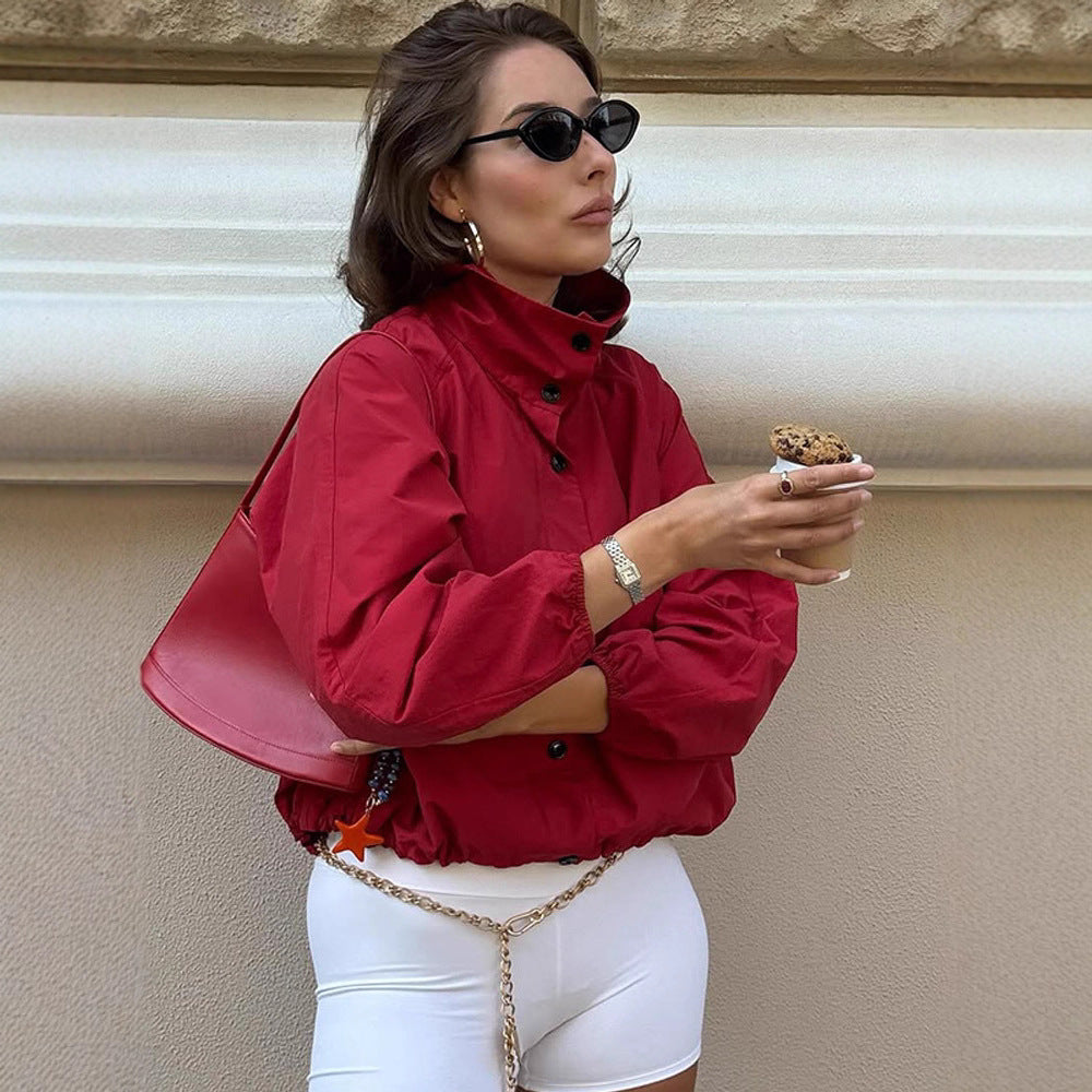 Women's Oversize Short Bomber Jacket with High Stand Collar, Concealed Snap Button Placket and Drawstring Hem Amarae