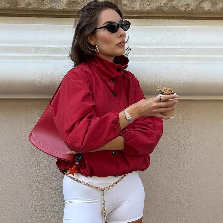 Women's Oversize Short Bomber Jacket with High Stand Collar, Concealed Snap Button Placket and Drawstring Hem Amarae