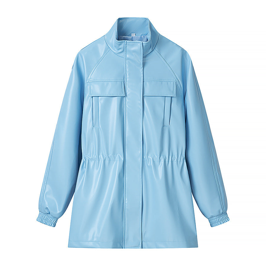 Women's Faux Leather Parka with Drawstring Waist and Chest Pockets Amarae