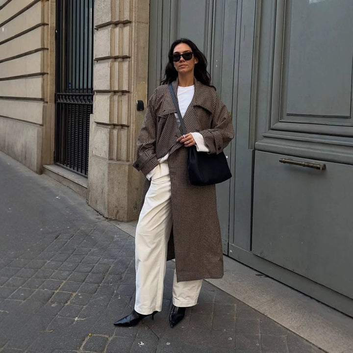 Women Oversize Coat in Glencheck with Wide Lapels and Dropped Shoulder Amarae