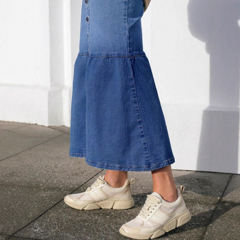 Women High-Waisted Maxi Denim Skirt with Continuous Button Placket and High Front Slit Amarae