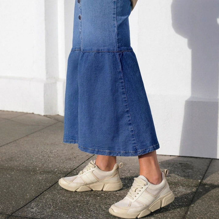 Women High-Waisted Maxi Denim Skirt with Continuous Button Placket and High Front Slit Amarae