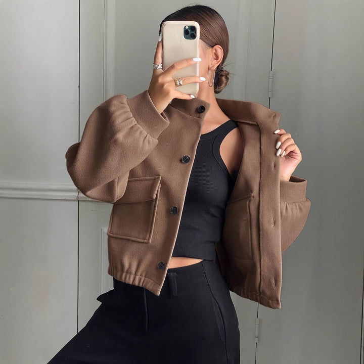 Fashionable short jacket for women with high collar and practical pockets Lune London
