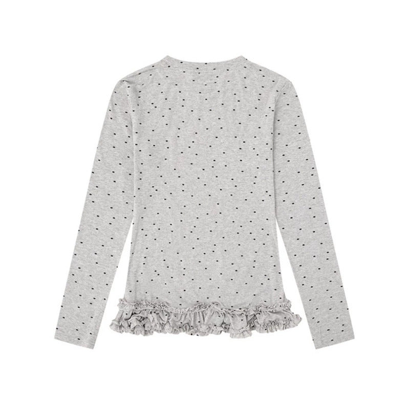 Women's long-sleeve shirt with ruffled hem and polka dot all-over print