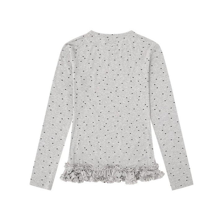 Women's long-sleeve shirt with ruffled hem and polka dot all-over print