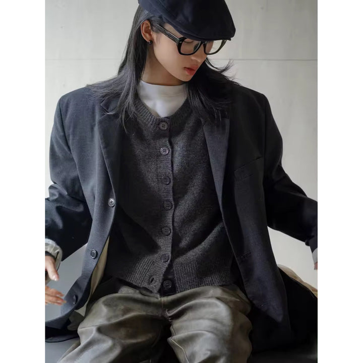 Women's Short Button Placket Cardigan made of fluffy Wool Blend with Round Neckline Amarae