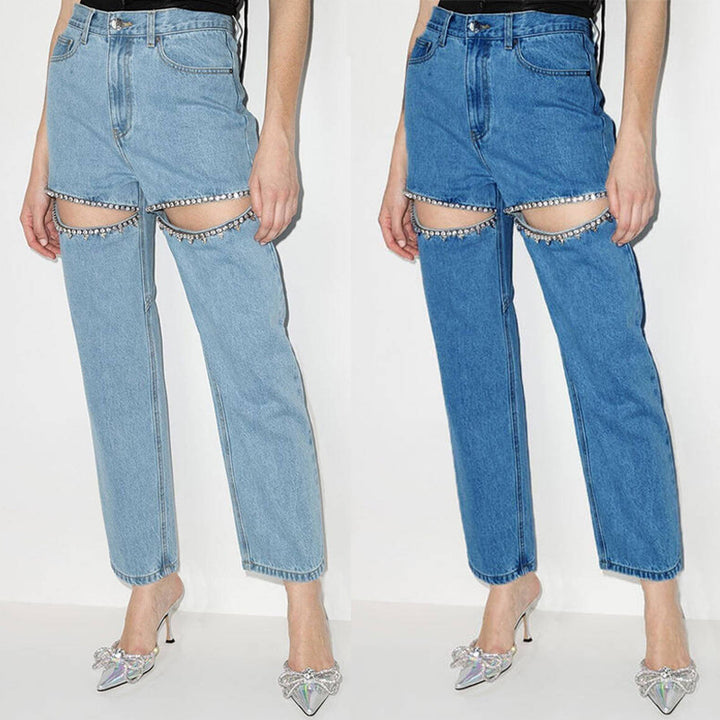 Women's jeans with decorative cutouts and rhinestone accents Lune London