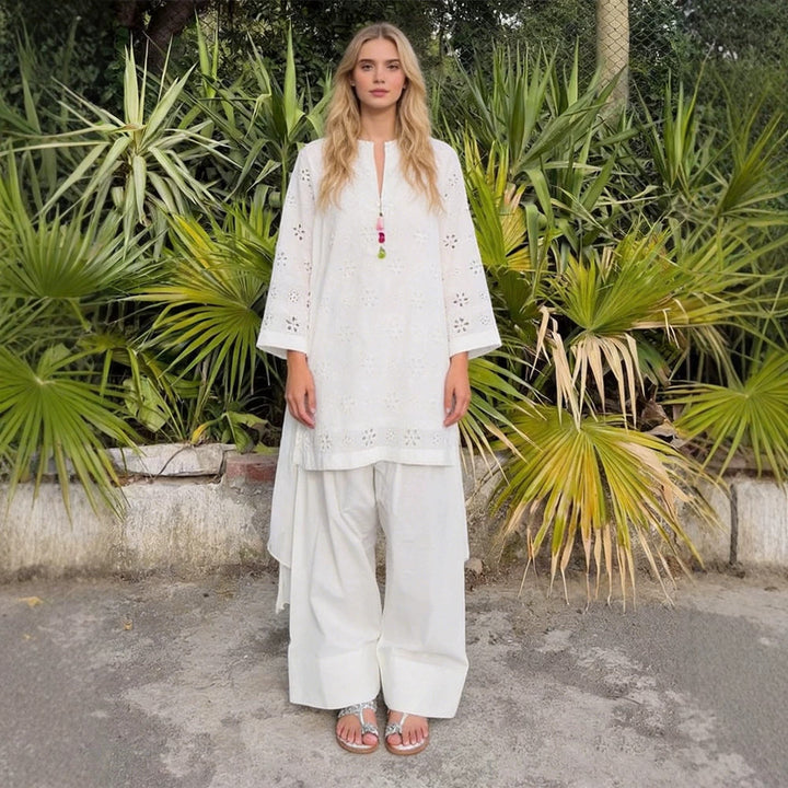 Women Loose Tunic Set with Broderie Anglaise and Wide Harem Pants Amarae