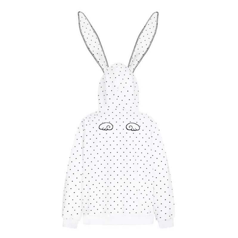 Women's Oversized Hoodie with Bunny Ears, Polka Dot Allover and Kangaroo Pocket