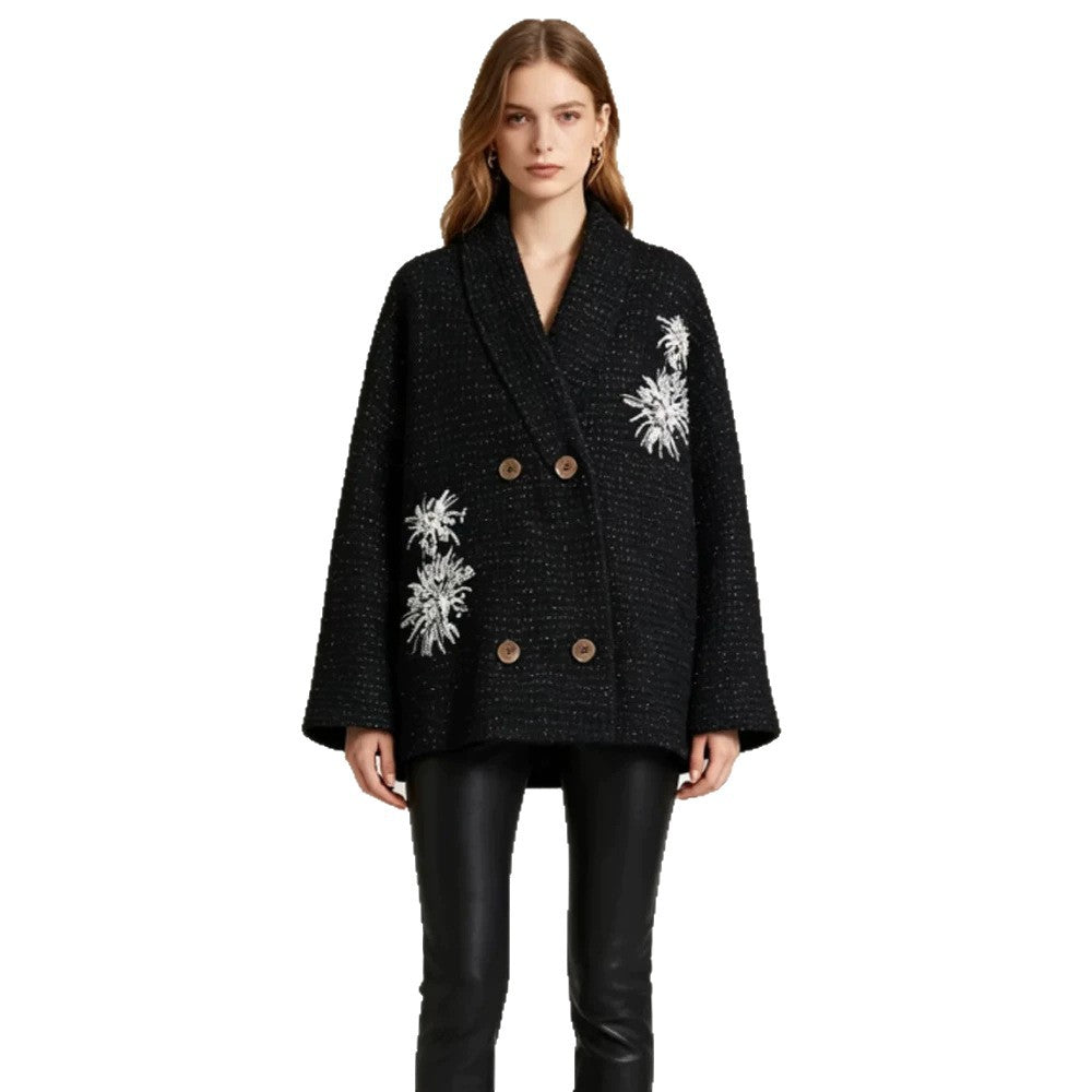 Women's Oversized Boucle Coat Jacket with Shawl Collar and Floral Embroidery Amarae