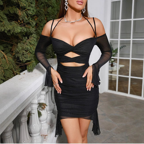 Ladies seductive mini dress with transparent sleeves and refined cutouts Amarae
