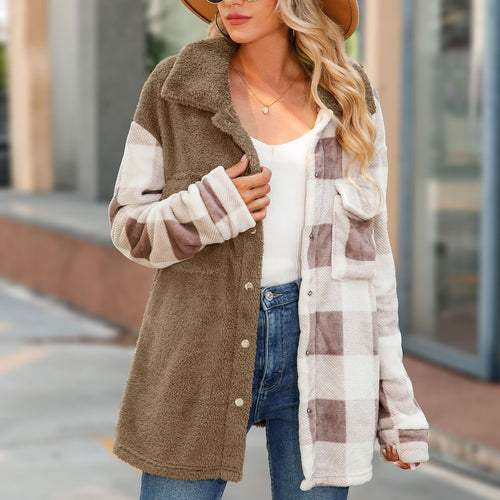 Fleece coat for women with plaid pattern and buttonhole Amarae