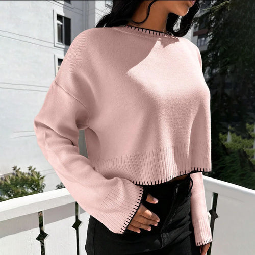 Women's casual cropped sweater with fine ribbed structure and elastic waistband Amarae