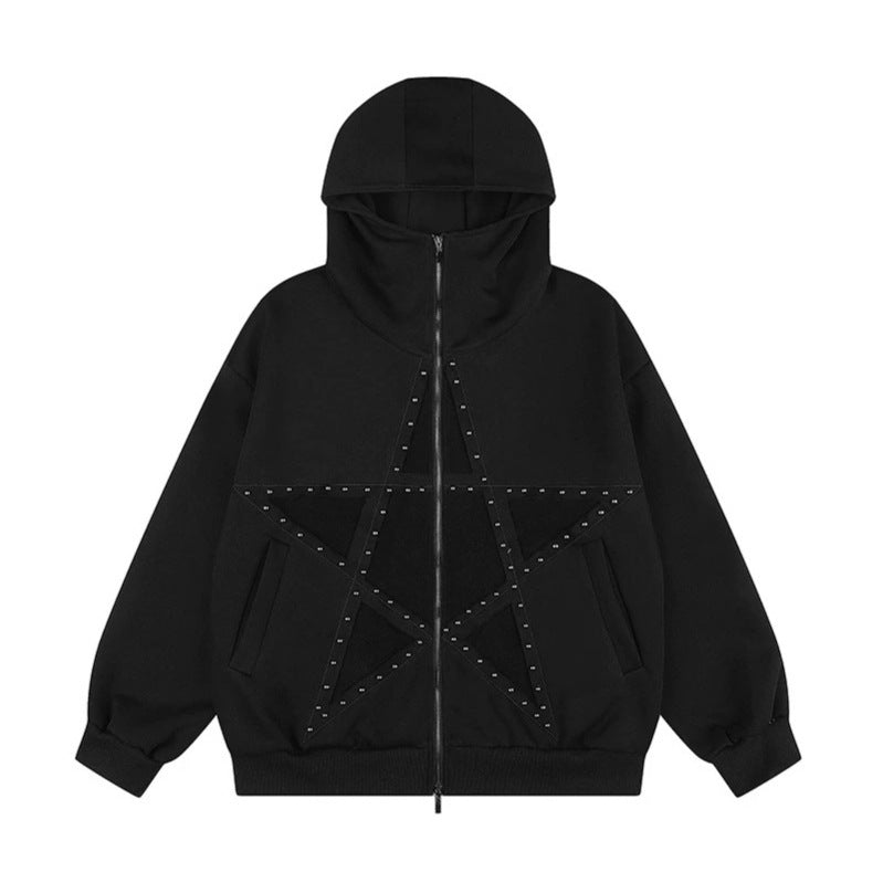 Women's Oversize Hooded Zip Jacket with Studded Star Design and High Collar Amarae