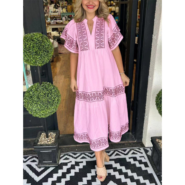 Maxi dress for women with refined embroidery details and a flared cut Lune London