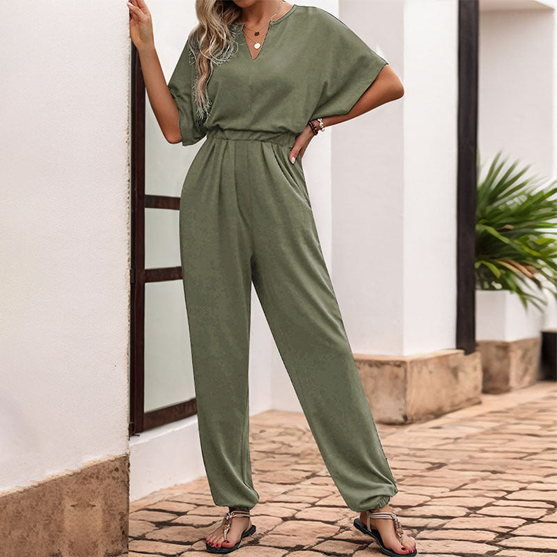Ladies Elegant V Neck Jumpsuit with Elastic Waist and Wide Legs Lune London