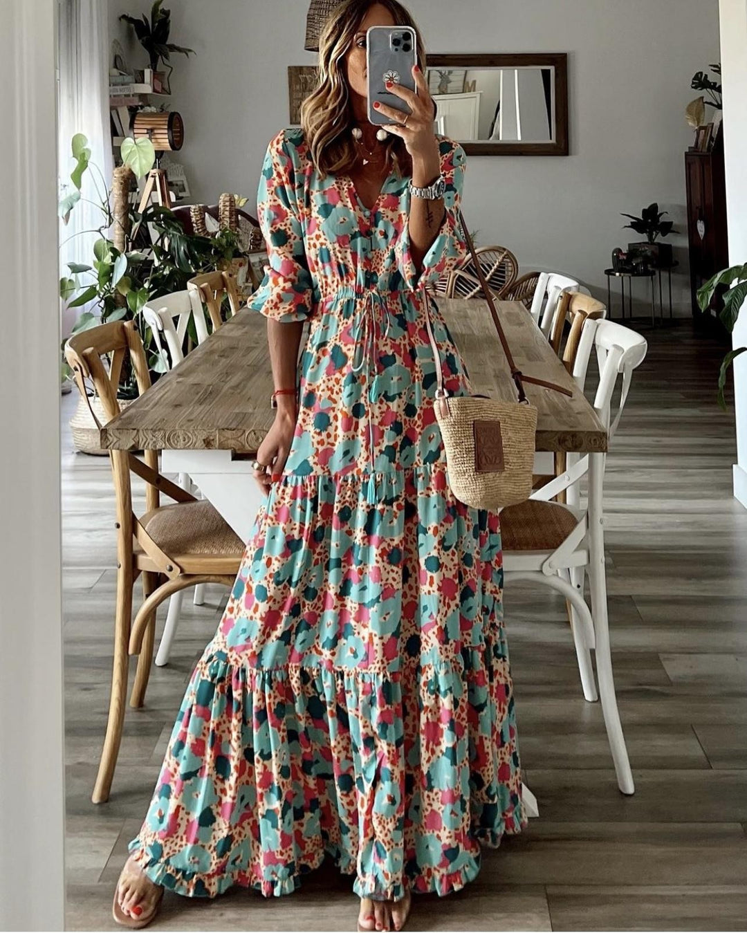 Maxi dress for women with a knotted V-neckline and voluminous sleeves Lune London