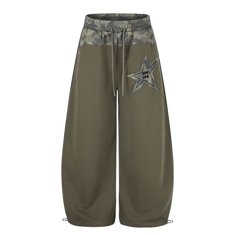 Women's Extra Wide Culotte Sweatpants with Camouflage Waistband and Star Patch Amarae