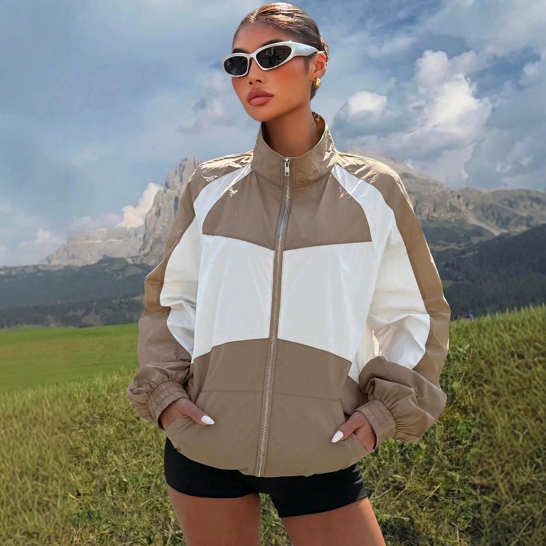 Women’s Lightweight Windbreaker Jacket with High Stand Collar and Colorblock Design Amarae