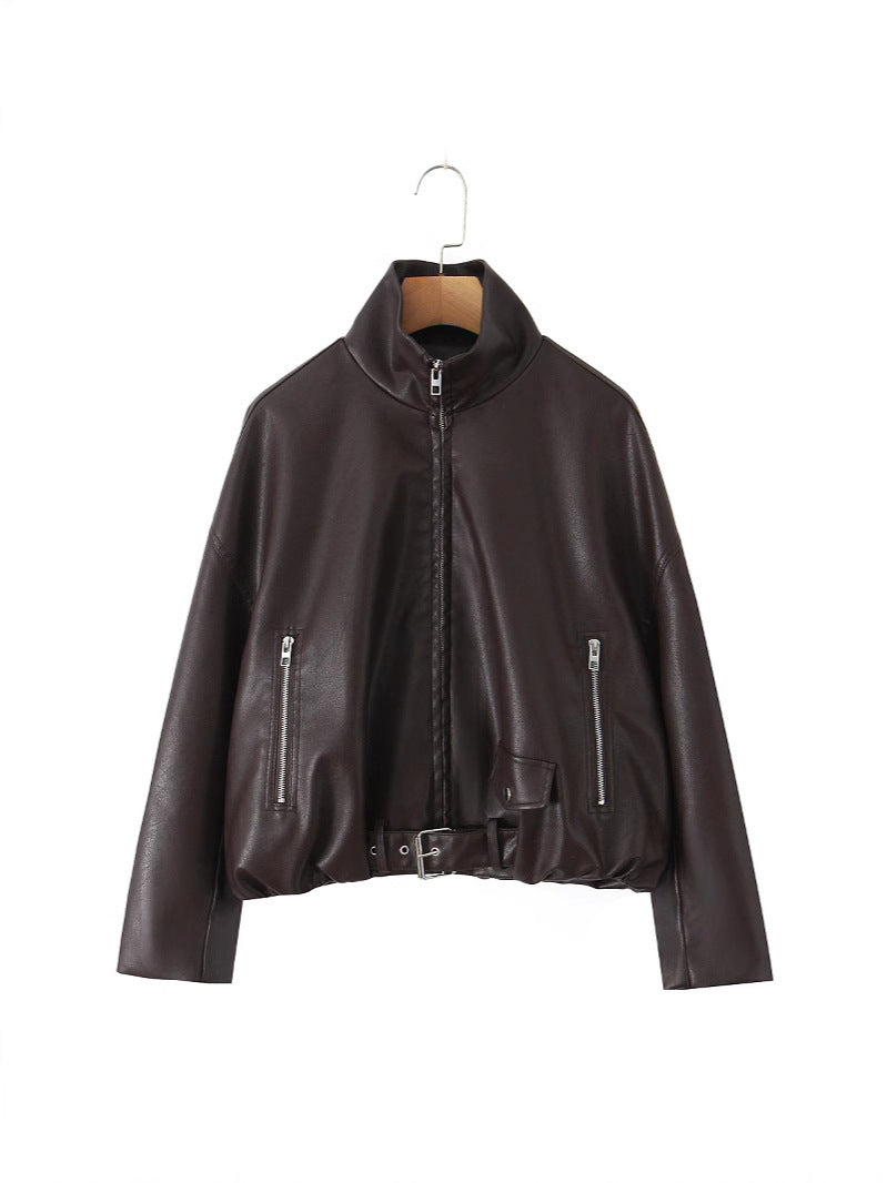 Ladies stylish faux leather jacket with belt Lune London