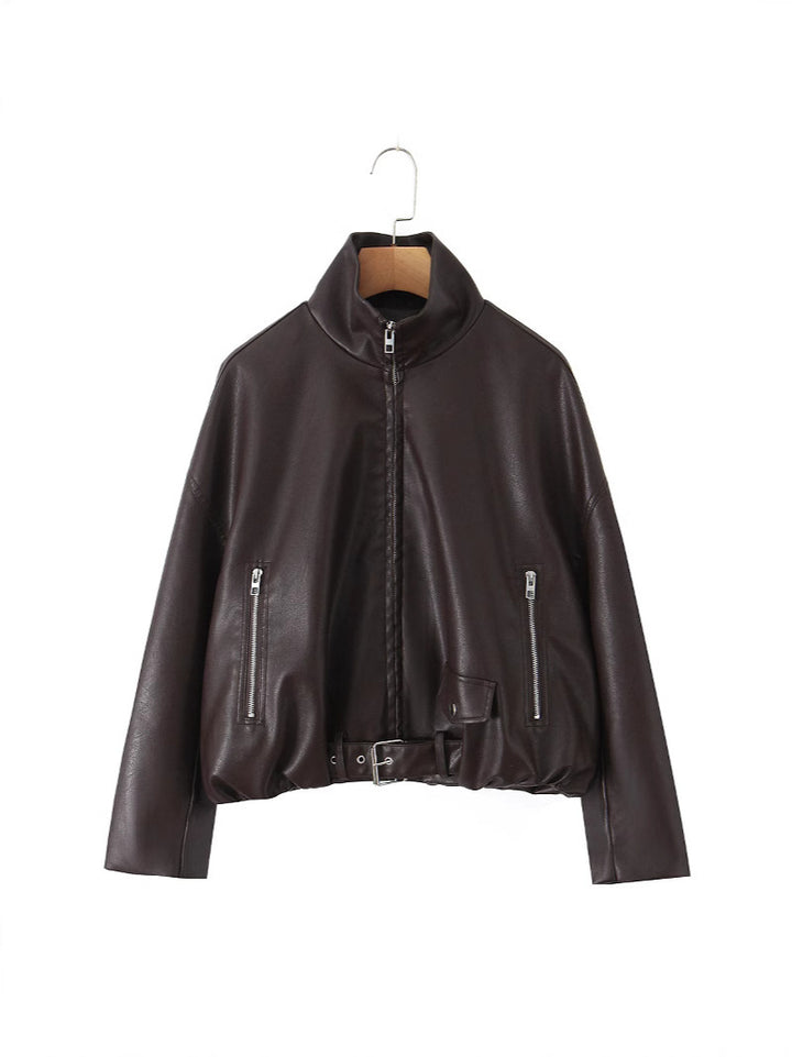 Ladies stylish faux leather jacket with belt Lune London