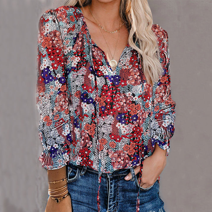 Blouse for women with ruffle details and a deep V neckline Lune London