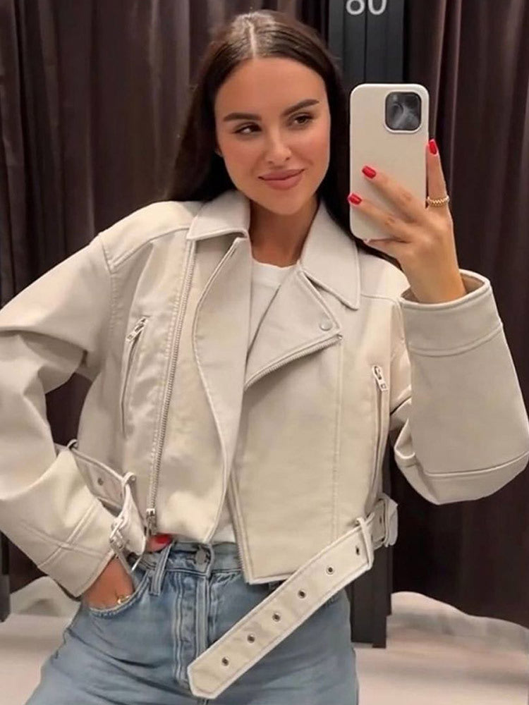 Women Short-Cut Biker Jacket Made of Faux Leather with Waist Belt Amarae