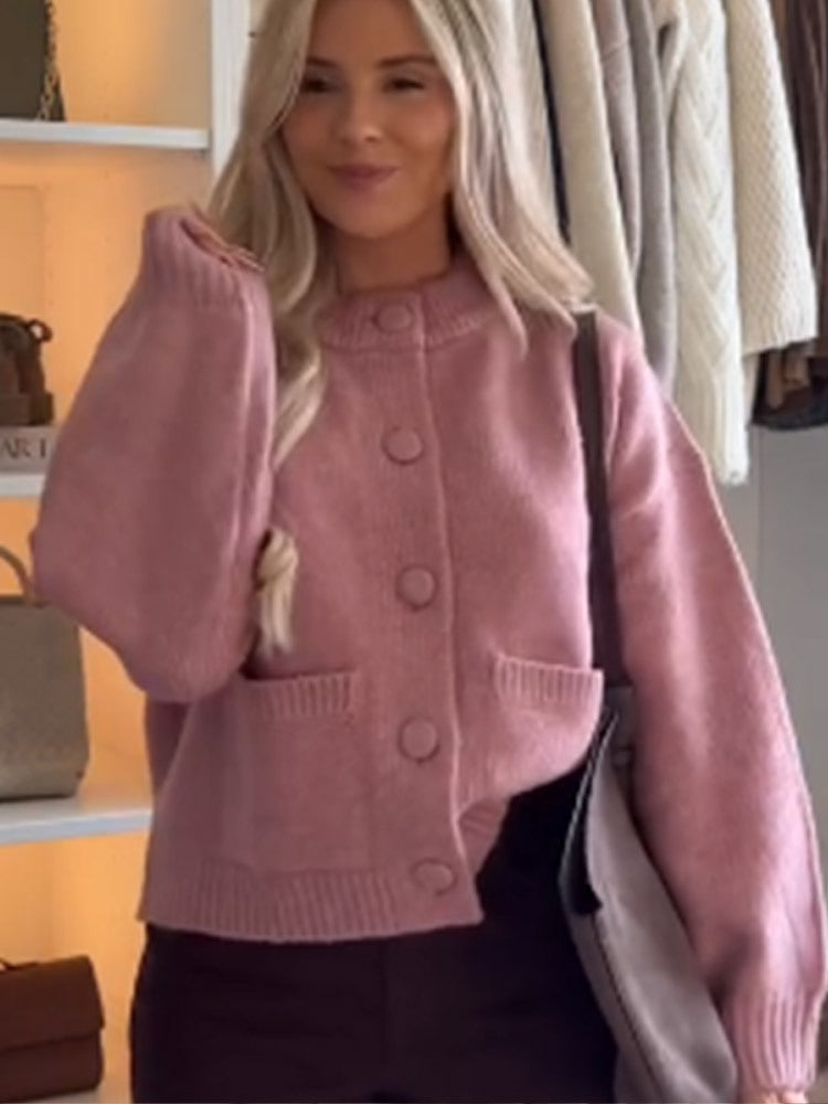 Women's Chunky Knit Cropped Cardigan with Round Snap Buttons and Oversized Sleeves Amarae