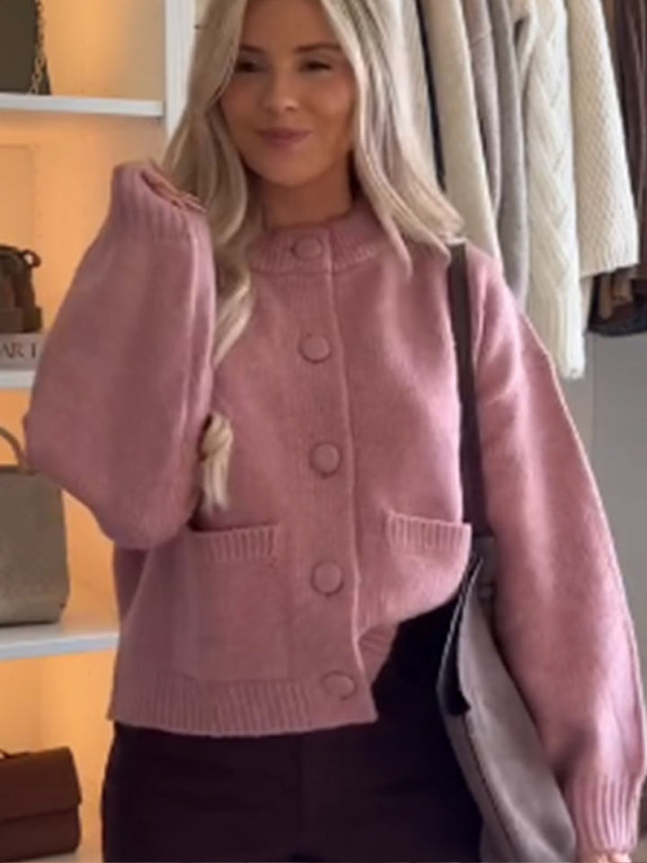 Women's Chunky Knit Cropped Cardigan with Round Snap Buttons and Oversized Sleeves Amarae