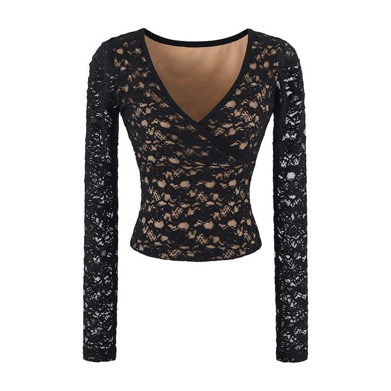 Women's Figure-hugging Lace Top with Wrap V-neck and Long Sleeves Amarae