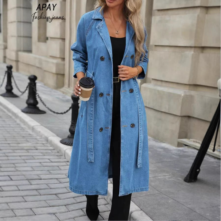 Women Long Denim Trench Coat with Tie Belt and Raglan Sleeves Amarae
