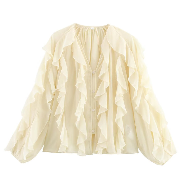Ladies Playful Chiffon Blouse with Layered Ruffles and Button Placket Amarae